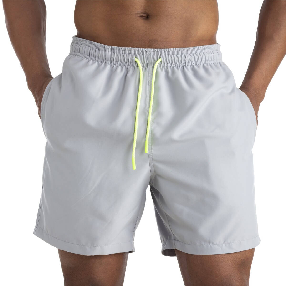 Men's solid color boardshorts with yellow drawstring, quick-drying polyester swimwear with pockets, model wearing swim shorts - SF0831